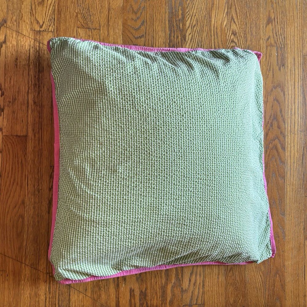 Ralph Lauren Watermill Sham Pillow Cover Green White Seersucker Pink Trim Button